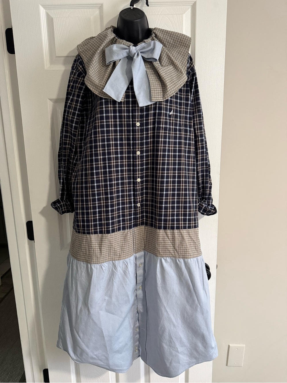 Upcycled Navy Plaid & Light Blue Ruffle Collar Dress